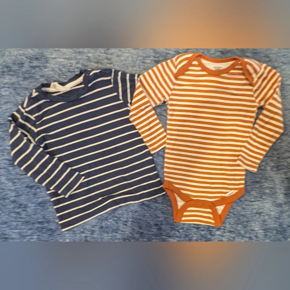 The Children's Place 6-9M Orange and Navy Striped Set with Denim Jeans